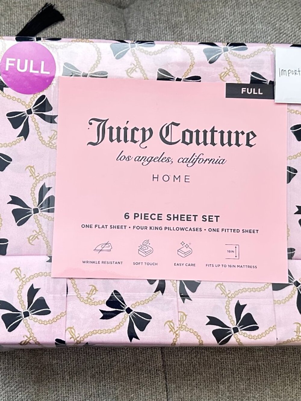 New Juicy Couture FULL 6 pc Sheet Set Pink with Black Bow Ribbons and JC